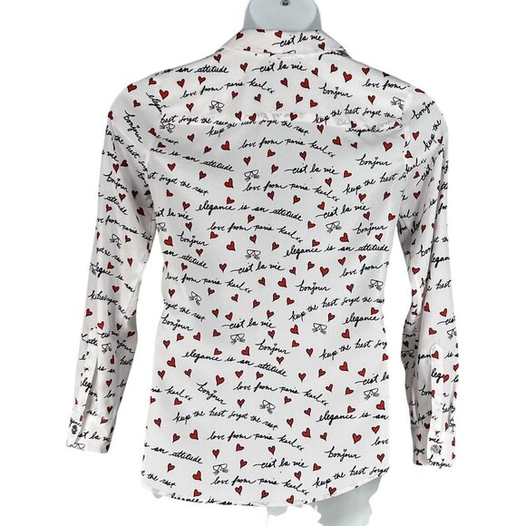 Karl Lagerfeld Paris XS White Blouse Red Heart Script Button Up Roll Tab Sleeve - Picture 9 of 16